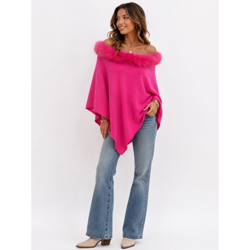 OO LALA Cashmere Poncho O/S Hot Pink Faux Fur Trim Off Shoulder Wrap